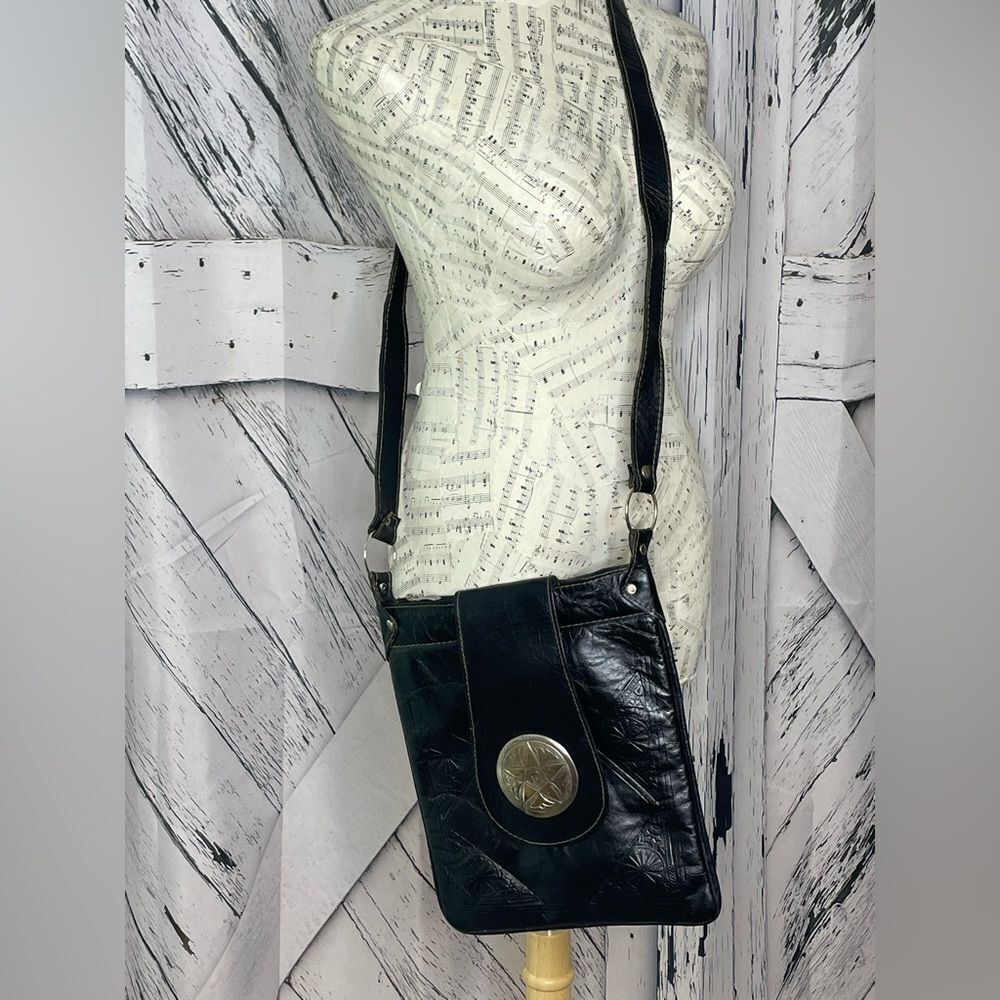 Vintage Black Leather Embossed Crossbody Handbag